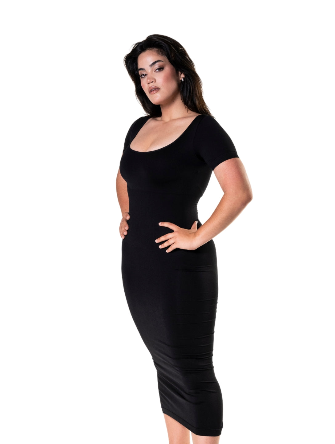 Bodycon Shapewear Midi Slit Dress with Short Sleeves HeyShape