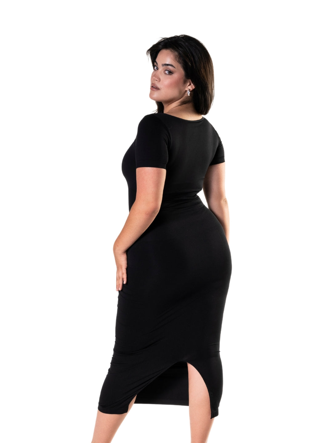 Bodycon Shapewear Midi Slit Dress with Short Sleeves HeyShape