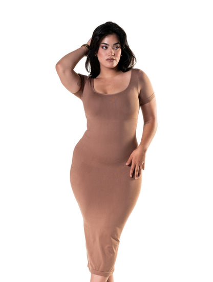 Bodycon Shapewear Midi Slit Dress with Short Sleeves HeyShape