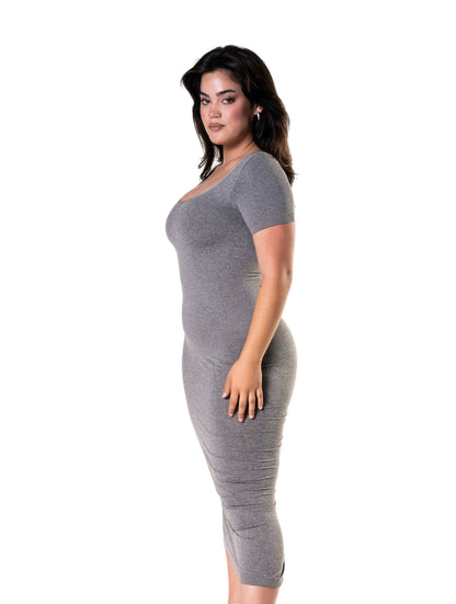 Bodycon Shapewear Midi Slit Dress with Short Sleeves HeyShape