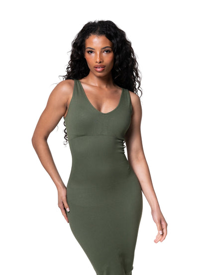 Deep V-Neck Seamless Midi Dress HeyShape