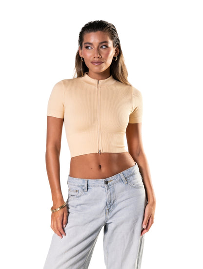 Seamless Ribbed Zip-Front Short Sleeve Crop Top HeyShape