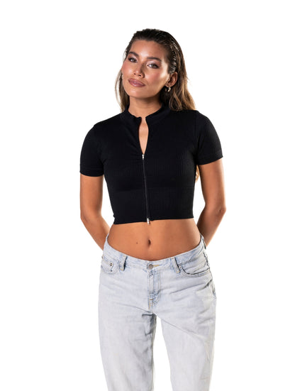 Seamless Ribbed Zip-Front Short Sleeve Crop Top HeyShape