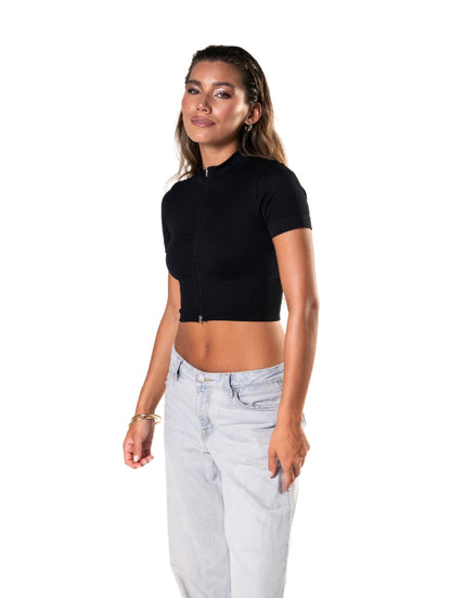 Seamless Ribbed Zip-Front Short Sleeve Crop Top HeyShape