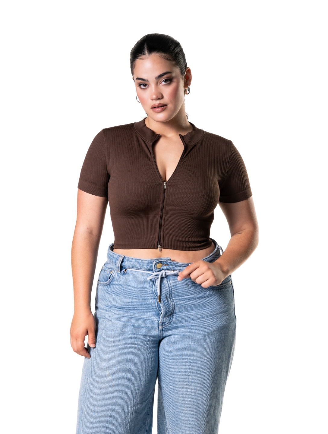 Seamless Ribbed Zip-Front Short Sleeve Crop Top HeyShape