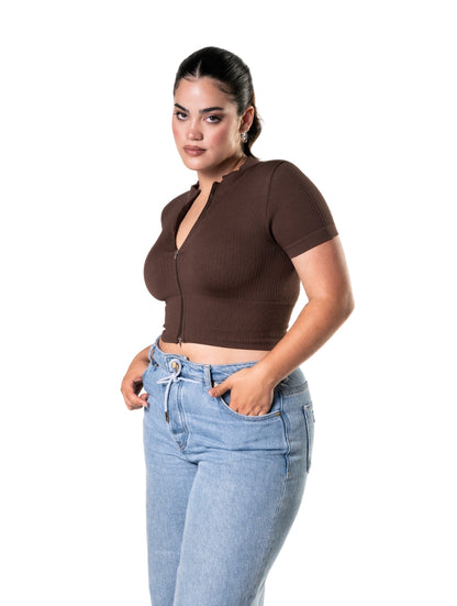 Seamless Ribbed Zip-Front Short Sleeve Crop Top HeyShape