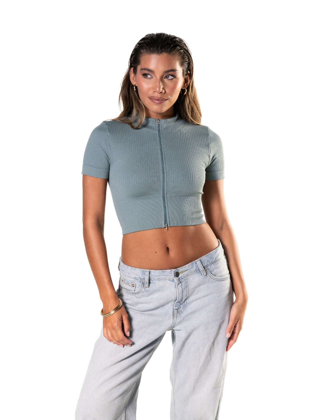 Seamless Ribbed Zip-Front Short Sleeve Crop Top HeyShape