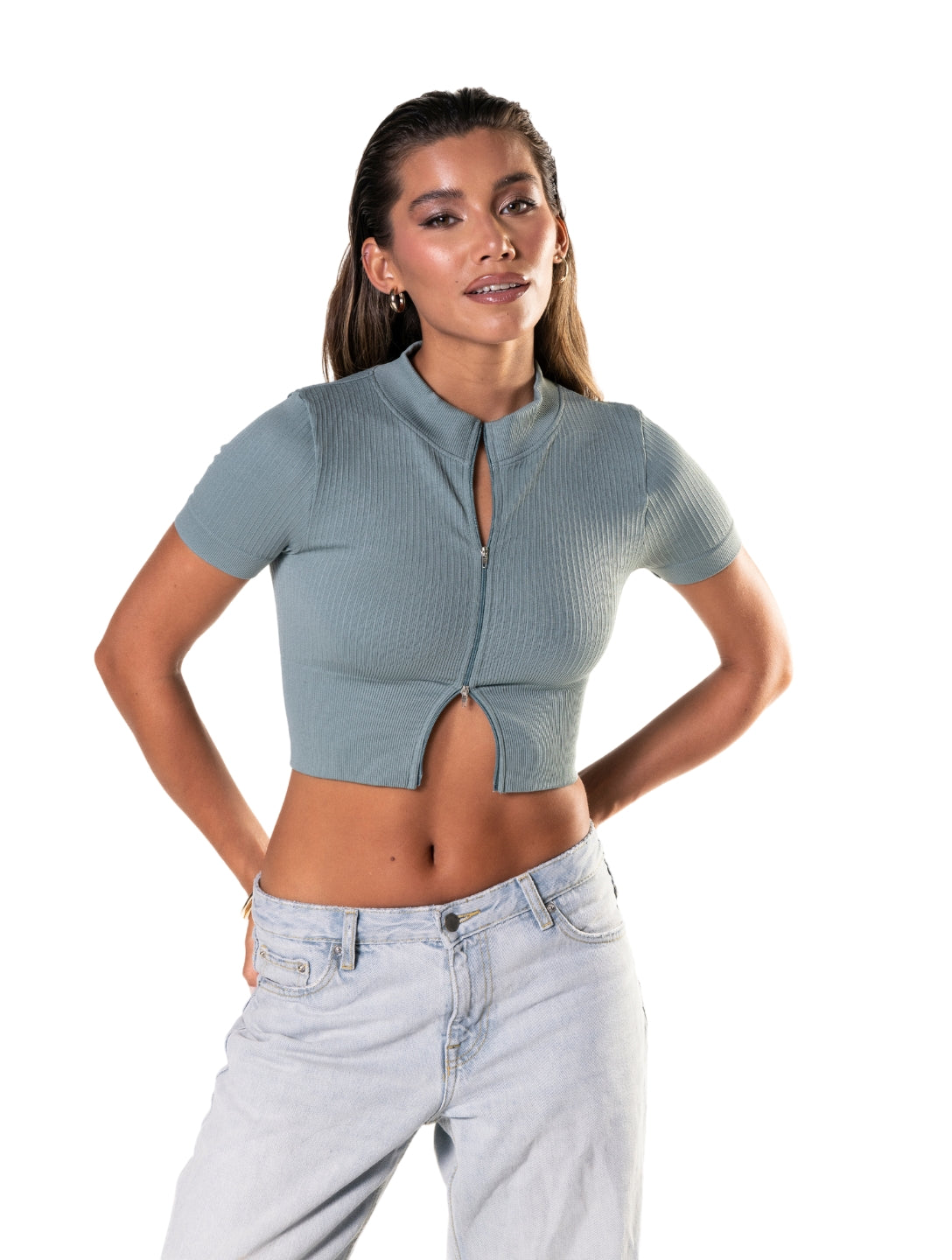 Seamless Ribbed Zip-Front Short Sleeve Crop Top HeyShape